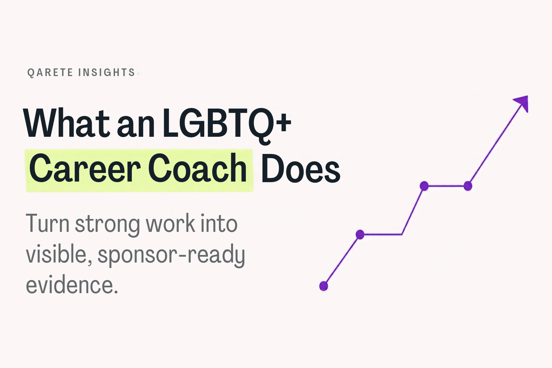 Headline reading “What an LGBTQ+ Career Coach Does” with “Career Coach” highlighted, beside a purple line that climbs in steps toward an upward arrow, suggesting career progression.